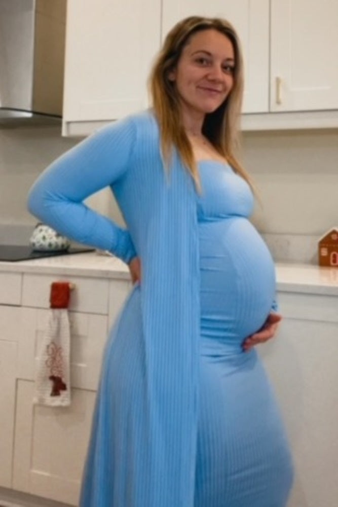 Light Blue Ribbed Sleeveless Dress Cardigan Maternity Set