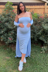 Light Blue Ribbed Sleeveless Dress Cardigan Maternity Set