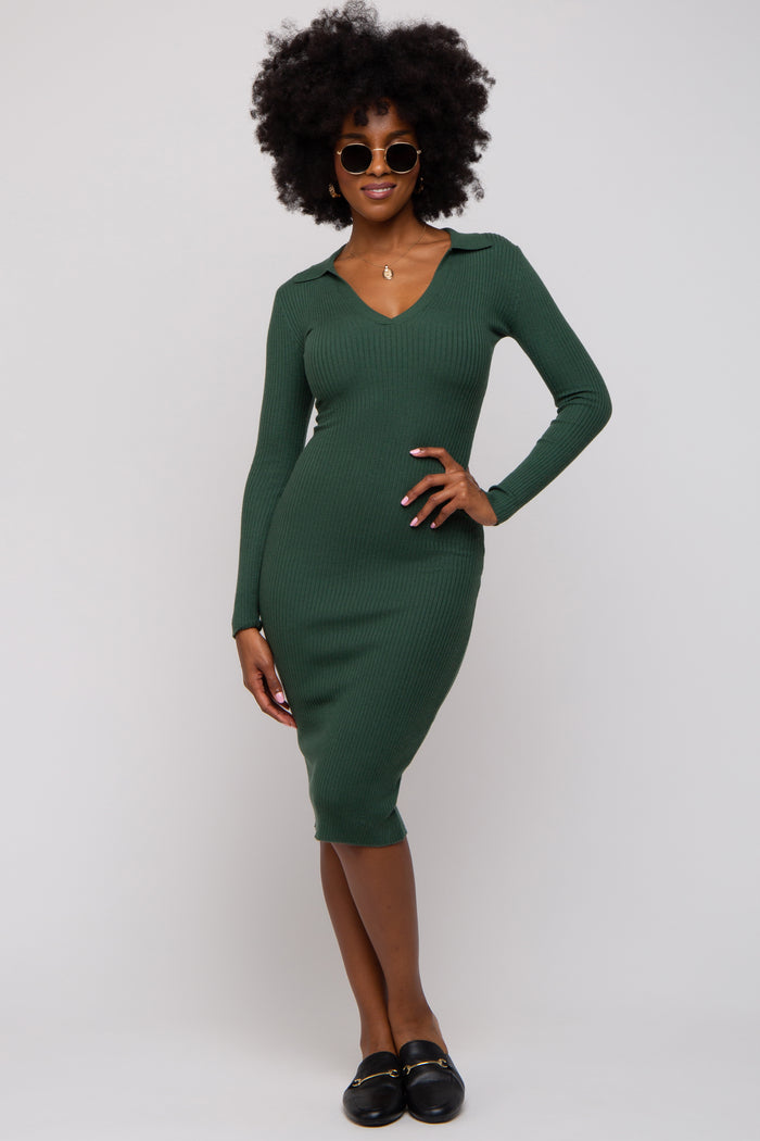 Forest Green Ribbed Knit Fitted Maternity Dress