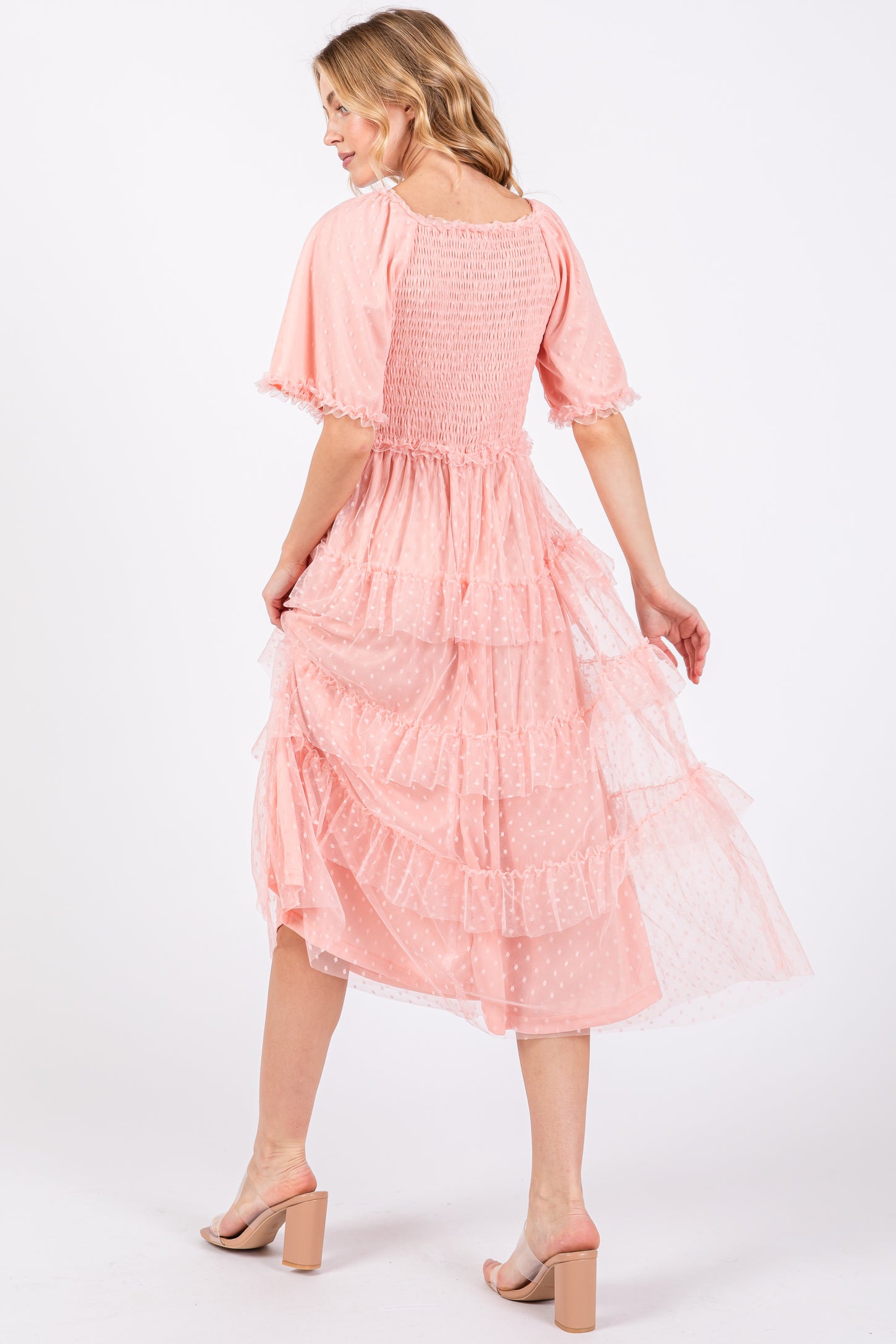 Light Pink Dot Smocked Ruffle Tiered Midi Dress