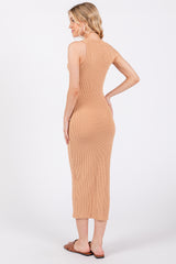 Camel Ribbed Fitted Midi Dress