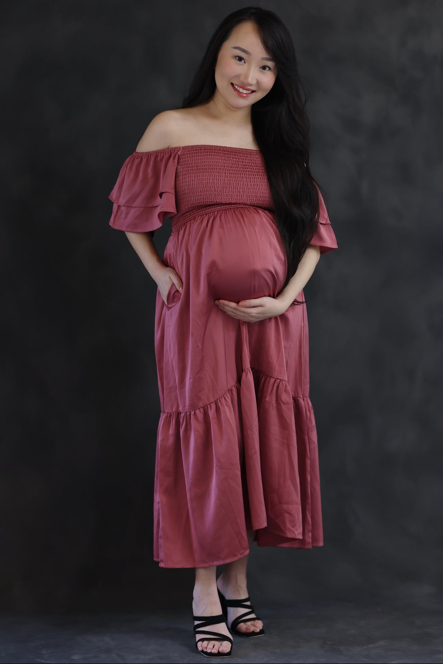 Mauve Satin Flutter Sleeve Maternity Midi Dress