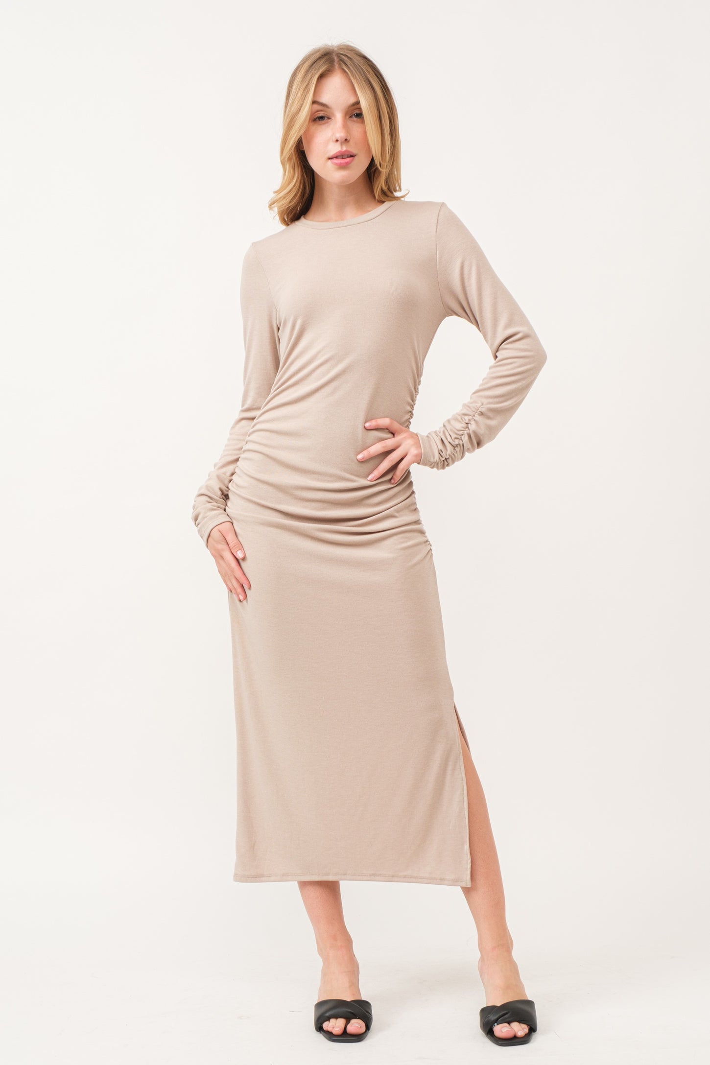 Beige Ruched Long Sleeve Maternity Midi Dress