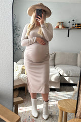 Beige Ruched Long Sleeve Maternity Midi Dress