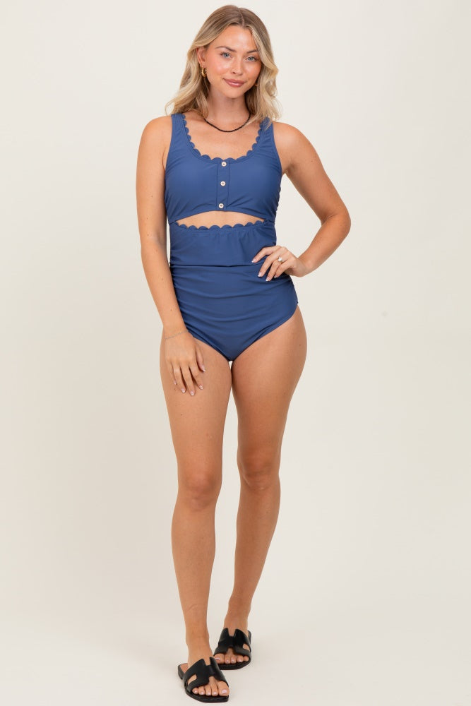 Blue Scalloped Cutout Ruched One Piece Swimsuit