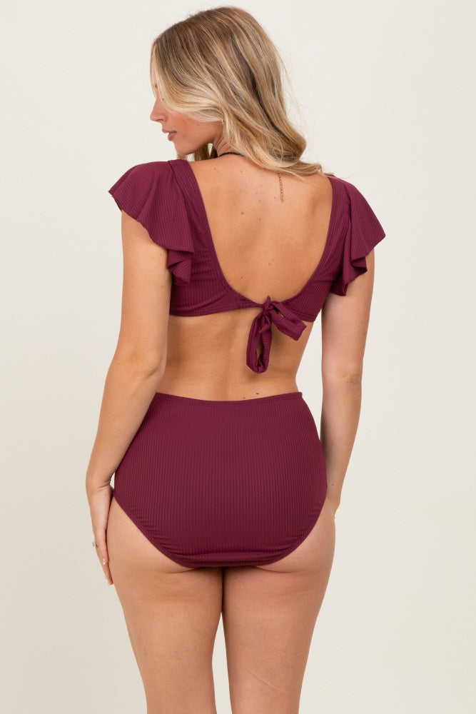 Burgundy Ribbed Ruffle Shoulder Front Tie High Waist Two-Piece Swimsuit