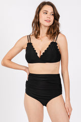 Black Scalloped V-Neck High Waist Two-Piece Maternity Swimsuit