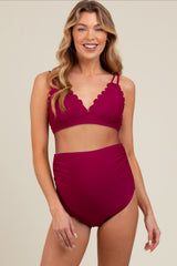Magenta Scalloped V-Neck High Waist Two-Piece Maternity Swimsuit