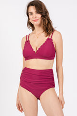 Magenta Scalloped V-Neck High Waist Two-Piece Maternity Swimsuit