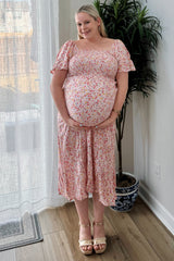 Light Pink Floral Smocked Maternity Maxi Dress