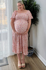 Light Pink Floral Smocked Maternity Maxi Dress