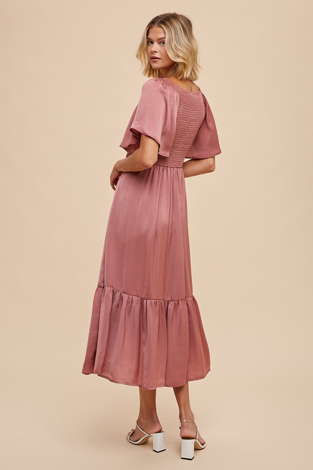 Pink Satin Smocked Midi Dress