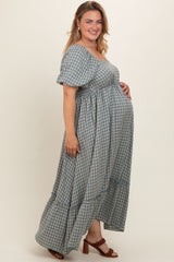 Blue Plaid Puff Sleeve Maternity Plus Maxi Dress