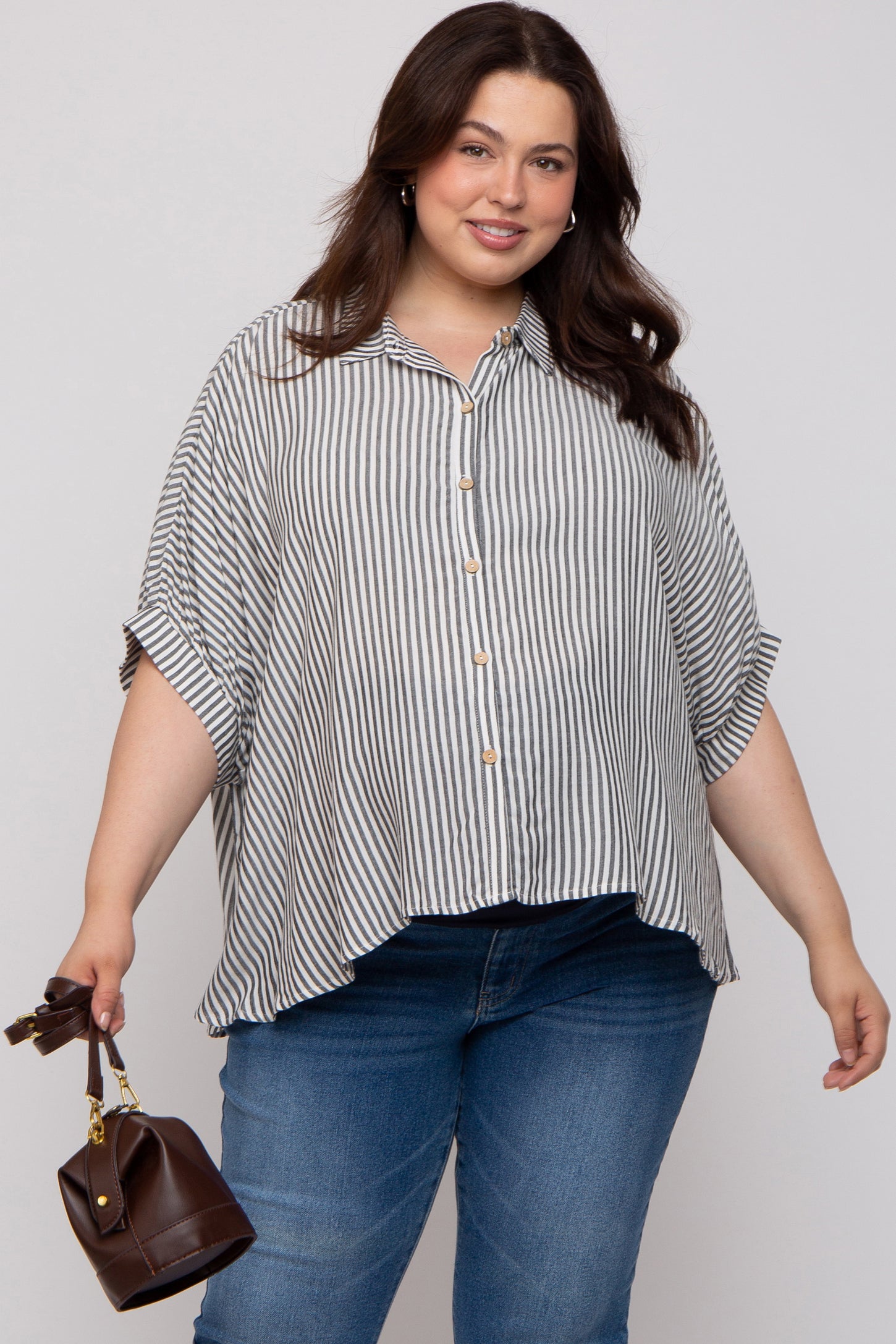 Charcoal Striped Button Up Short Dolman Sleeve Maternity Plus Top
