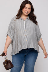 Charcoal Striped Button Up Short Dolman Sleeve Maternity Plus Top