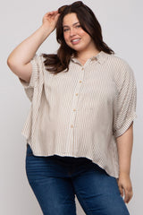 Taupe Striped Button Up Short Dolman Sleeve Maternity Plus Top