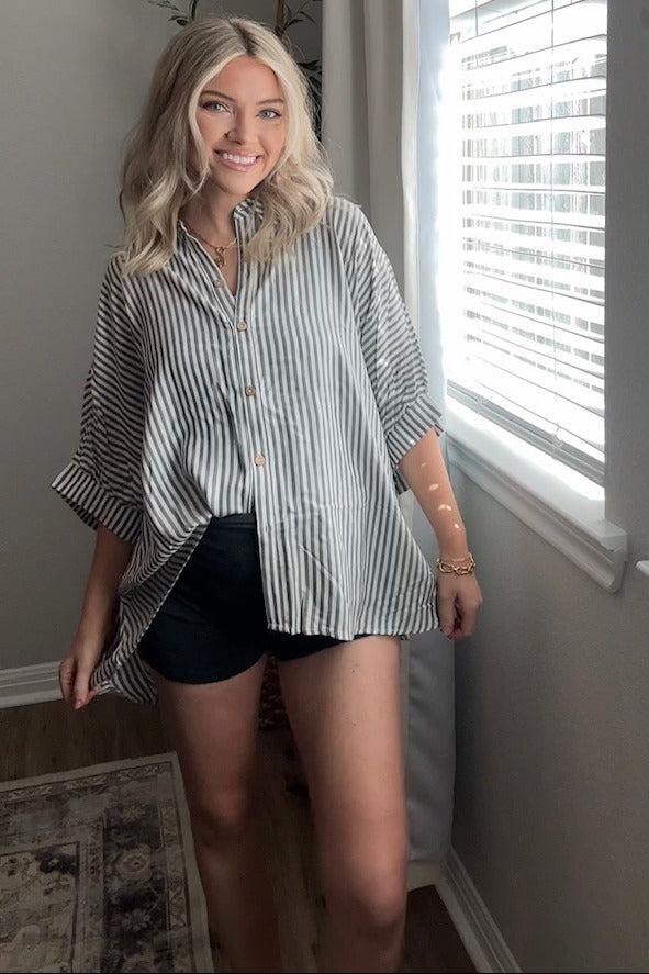 Charcoal Striped Button Up Dolman Maternity Top
