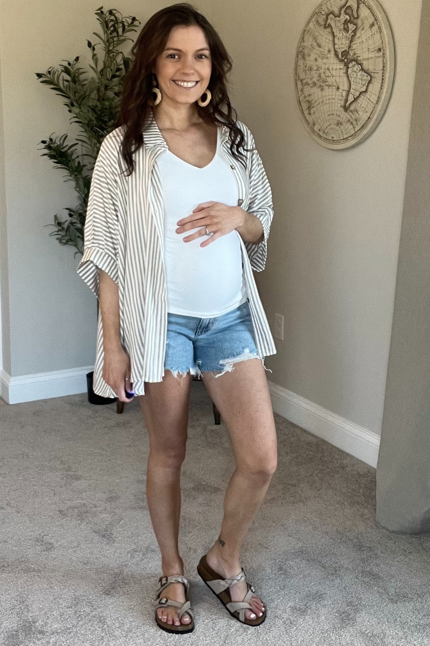 Taupe Striped Button Up Dolman Maternity Top
