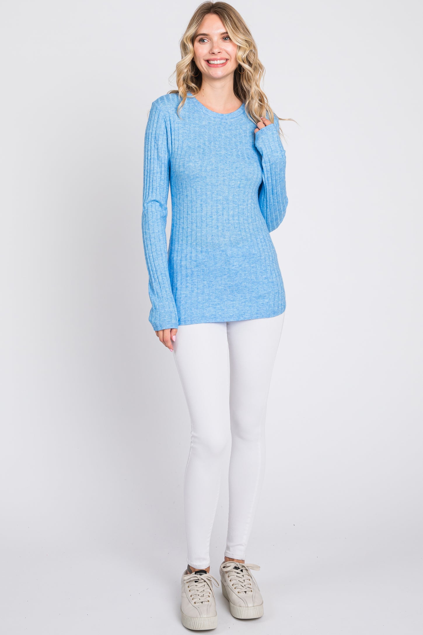 Blue Ribbed Long Sleeve Top