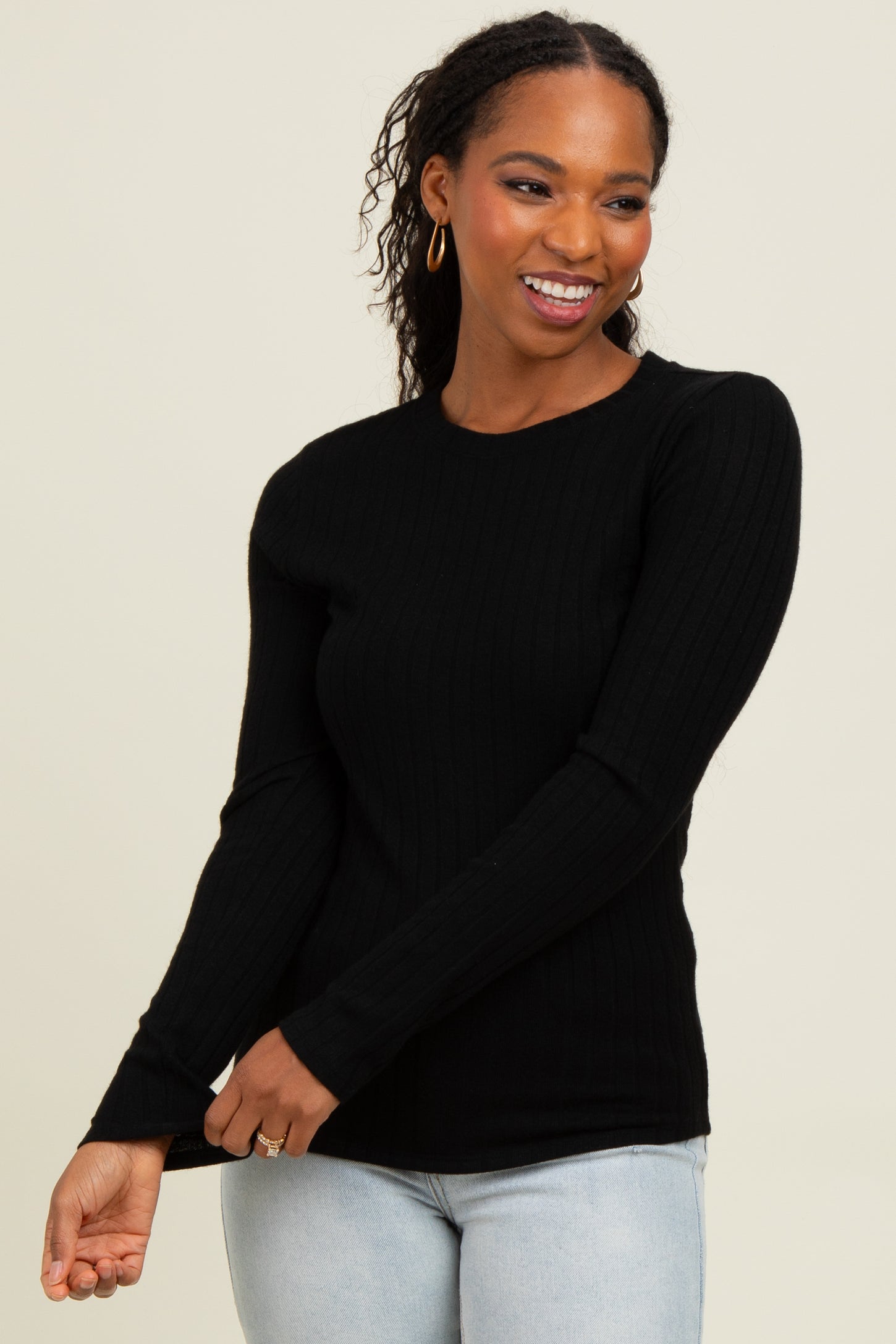 Black Ribbed Long Sleeve Maternity Top