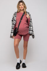 Burgundy Ribbed Long Sleeve Maternity Shorts Set