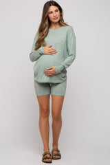 Green Ribbed Long Sleeve Maternity Shorts Set