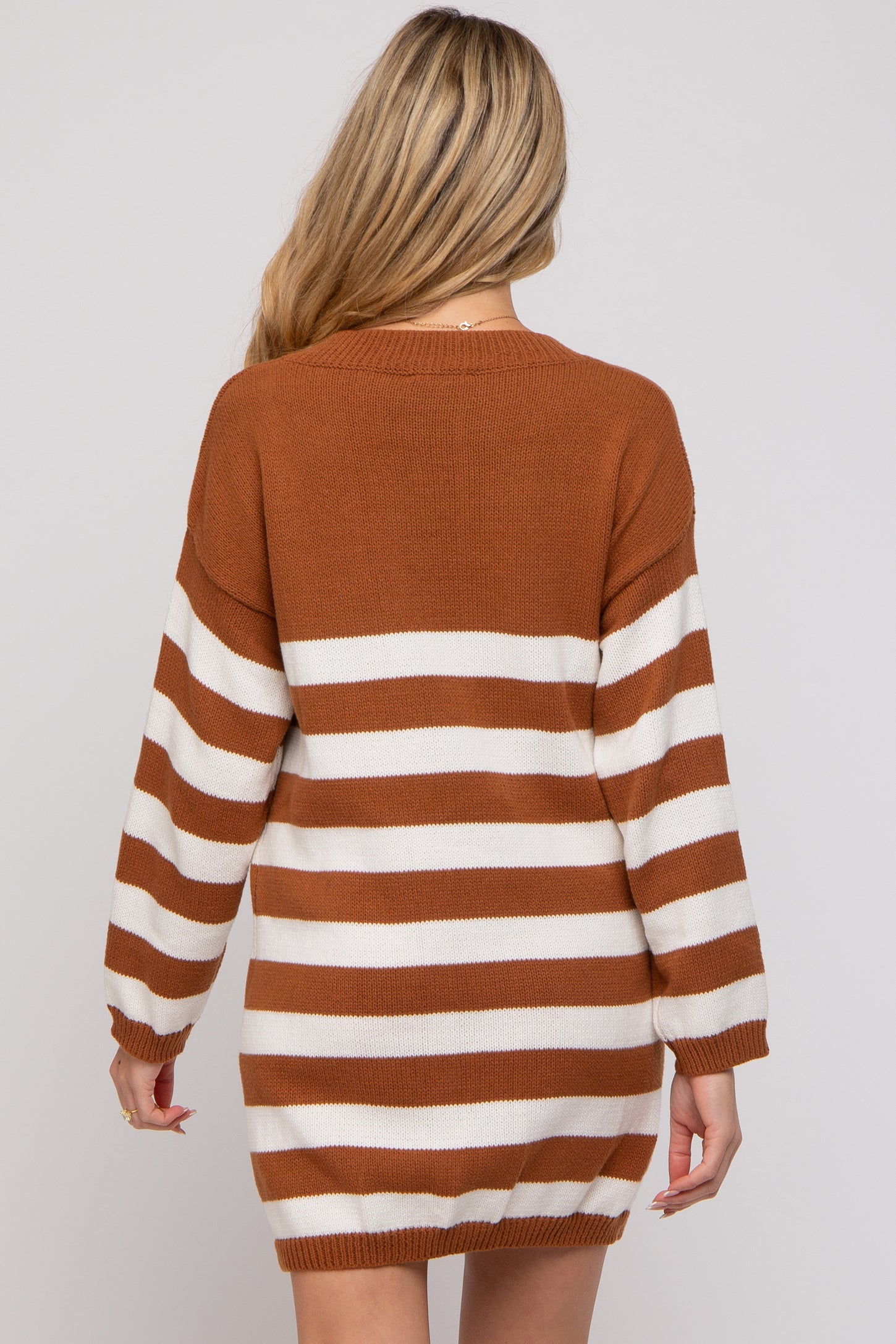Camel Striped V-Neck Maternity Sweater Dress