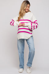 Fuchsia Striped Oversized Side Slit Maternity Sweater