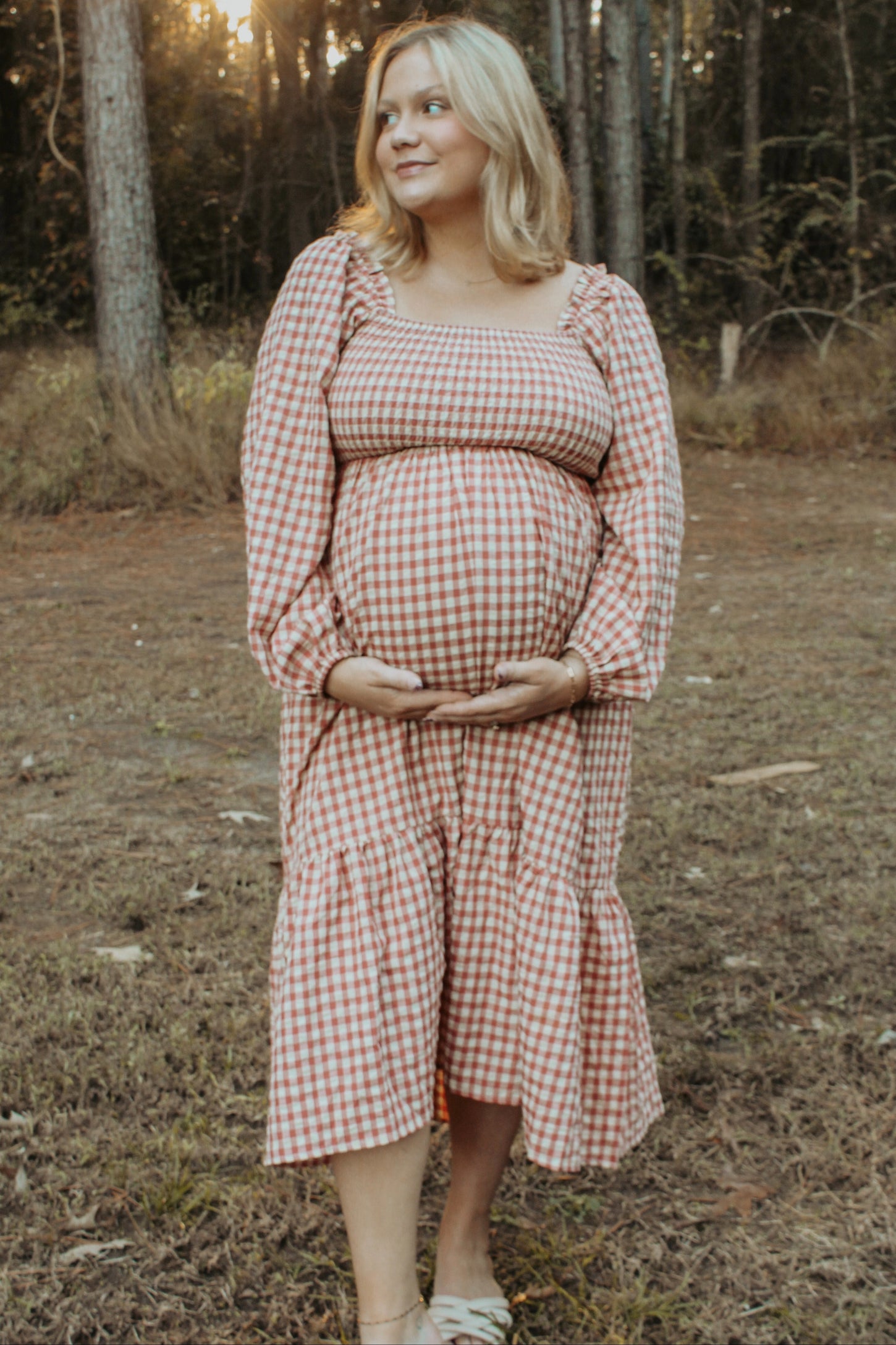 Rust Gingham Long Sleeve Maternity Midi Dress