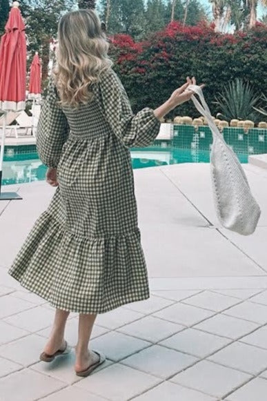 Olive Gingham Long Sleeve Midi Dress