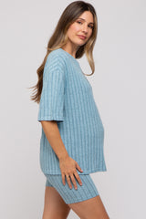 Light Blue Ribbed Soft Short Sleeve Maternity Shorts Set