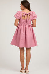 Mauve Puff Sleeve Back Tie Maternity Dress
