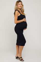 Black Ribbed Chain Link Strap Maternity Midi Dress