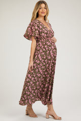 Brown Floral Smocked Waist Maternity Maxi Dress