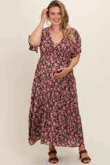 Brown Floral Smocked Waist Maternity Plus Maxi Dress