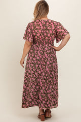 Brown Floral Smocked Waist Maternity Plus Maxi Dress