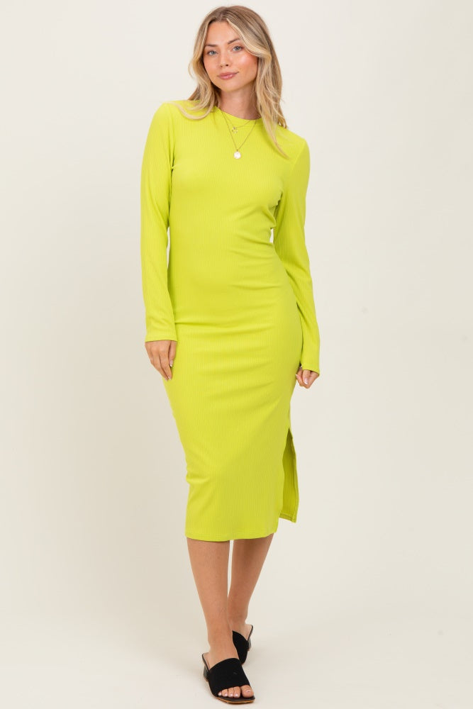Lime Ribbed Mock Neck Long Sleeve Midi Dress