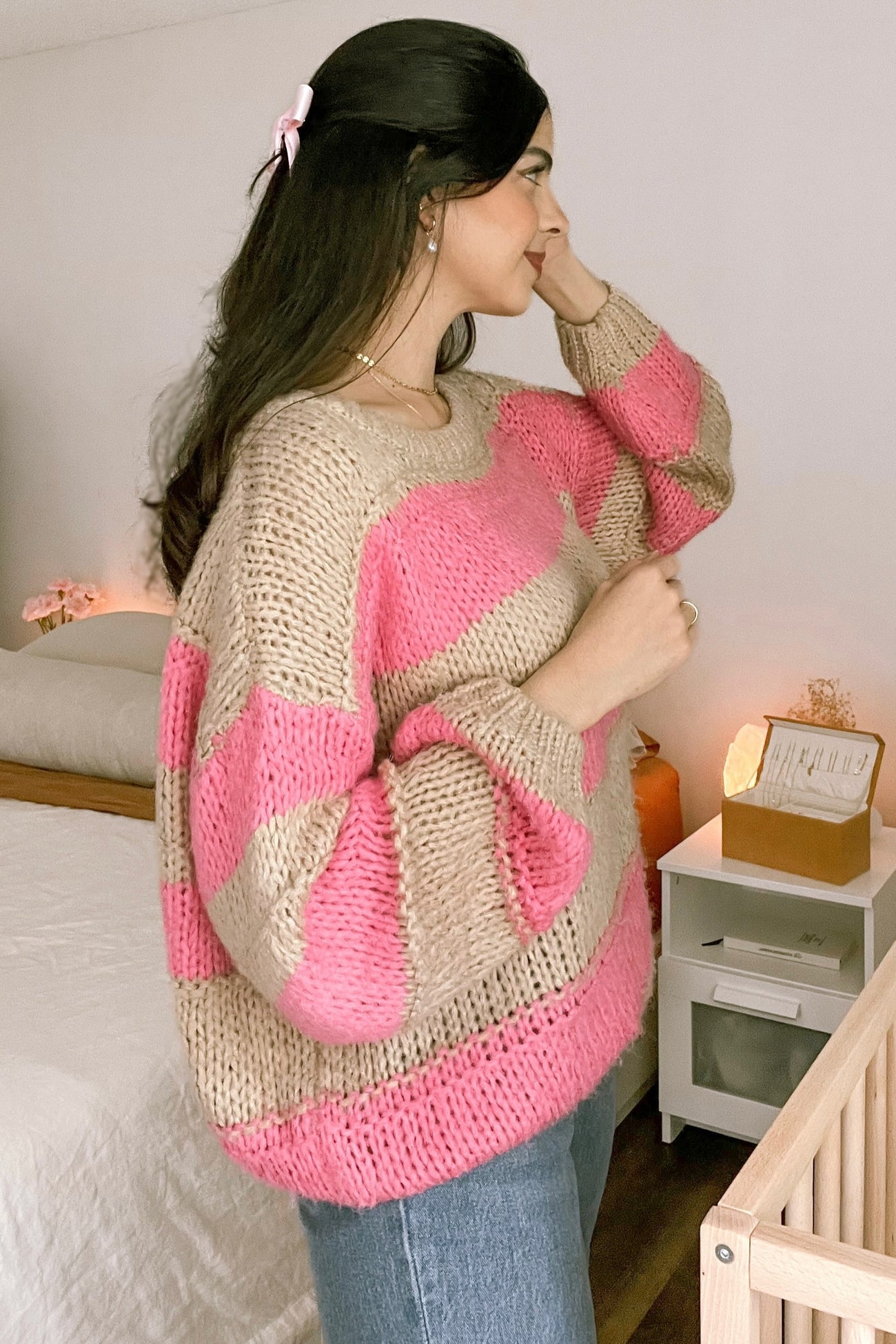 Pink Striped Knit Maternity Sweater