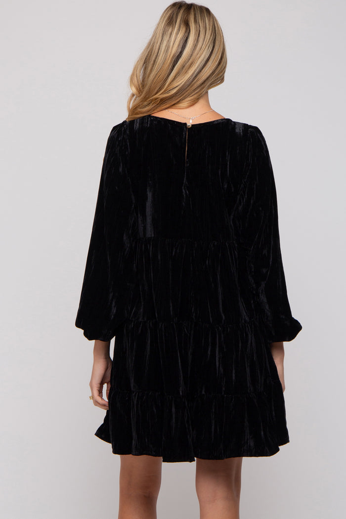 Black Velvet Tiered Long Sleeve Maternity Dress