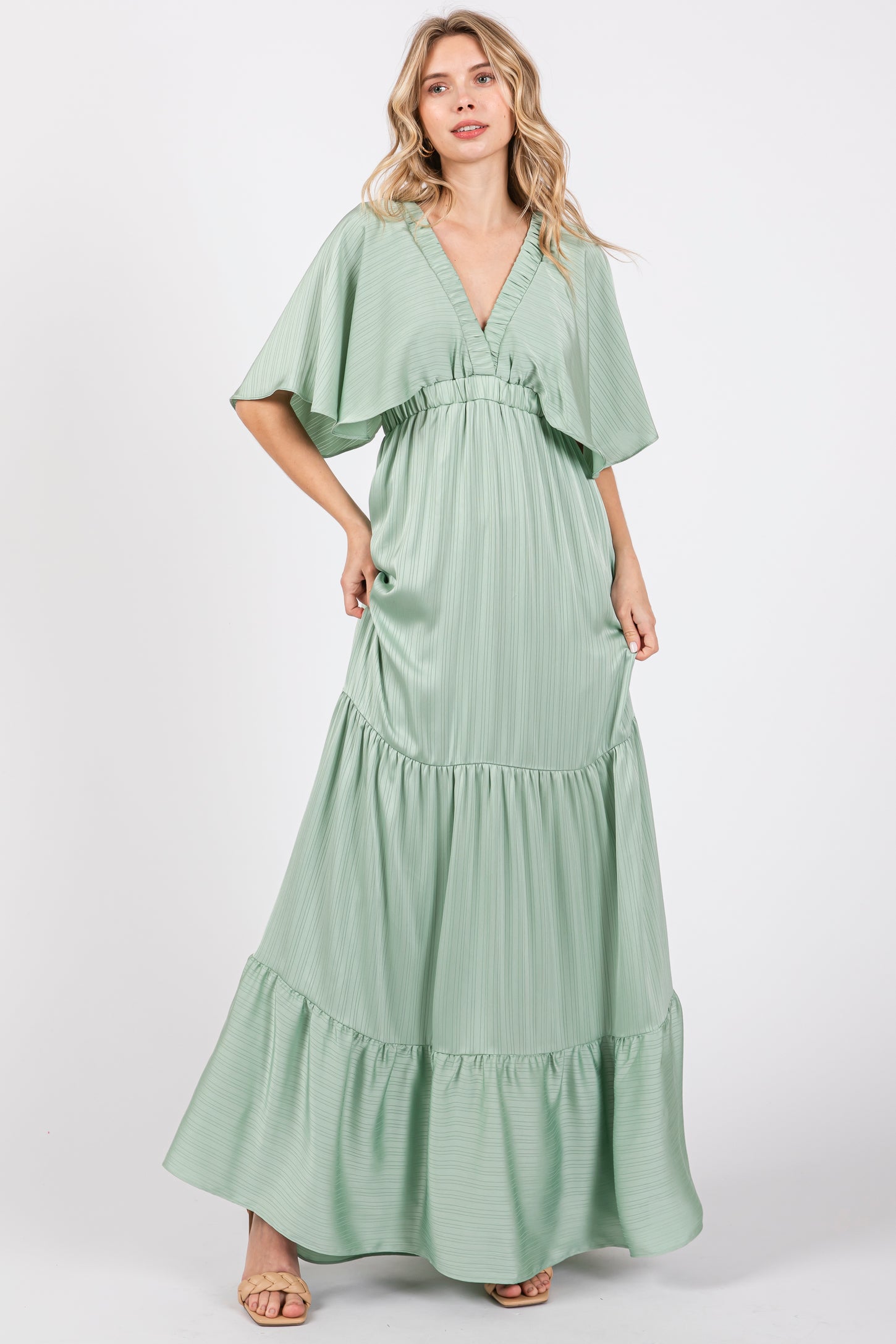 Mint V-Neck Flutter Sleeve Tiered Maternity Maxi Dress