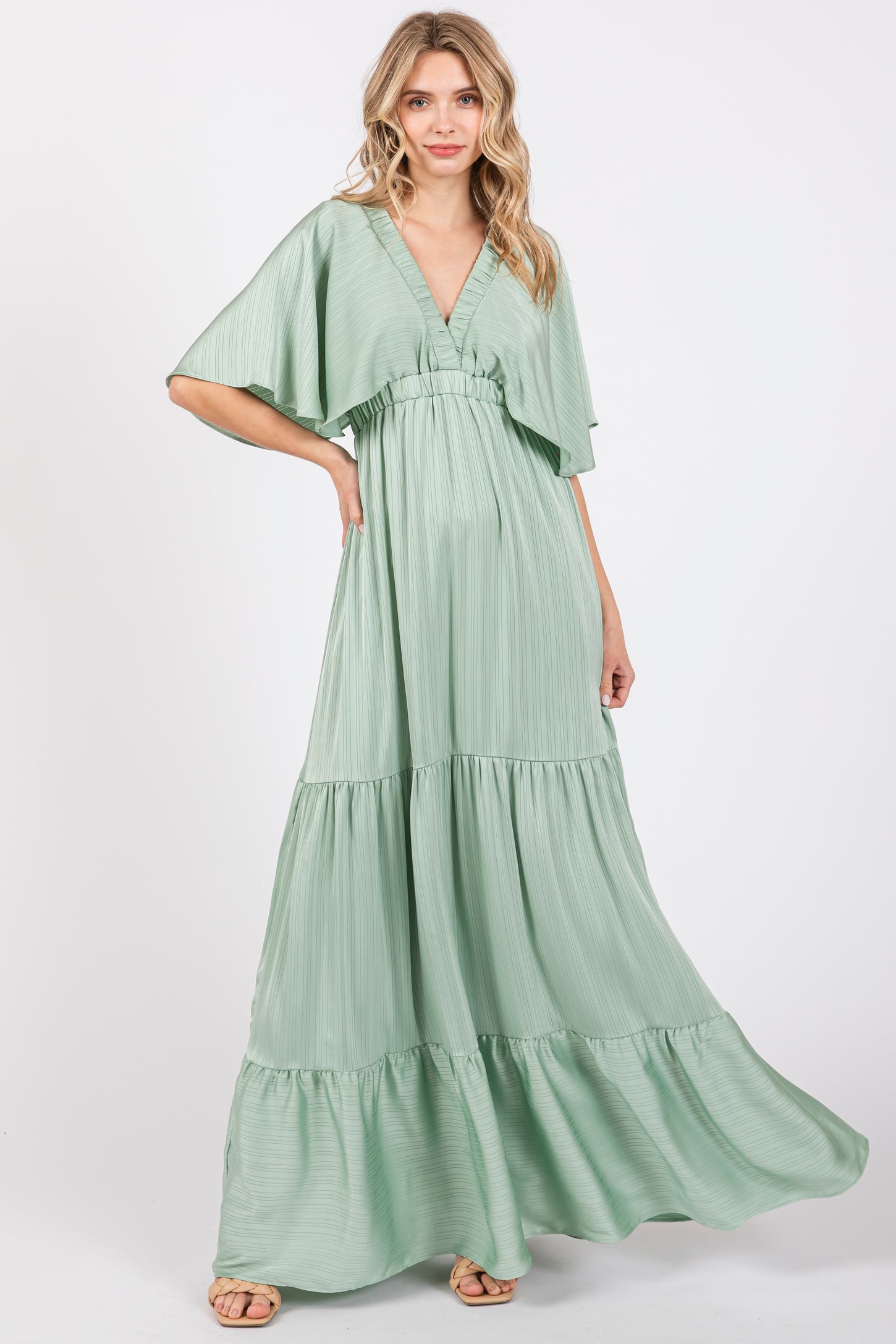 Mint V-Neck Flutter Sleeve Tiered Maxi Dress