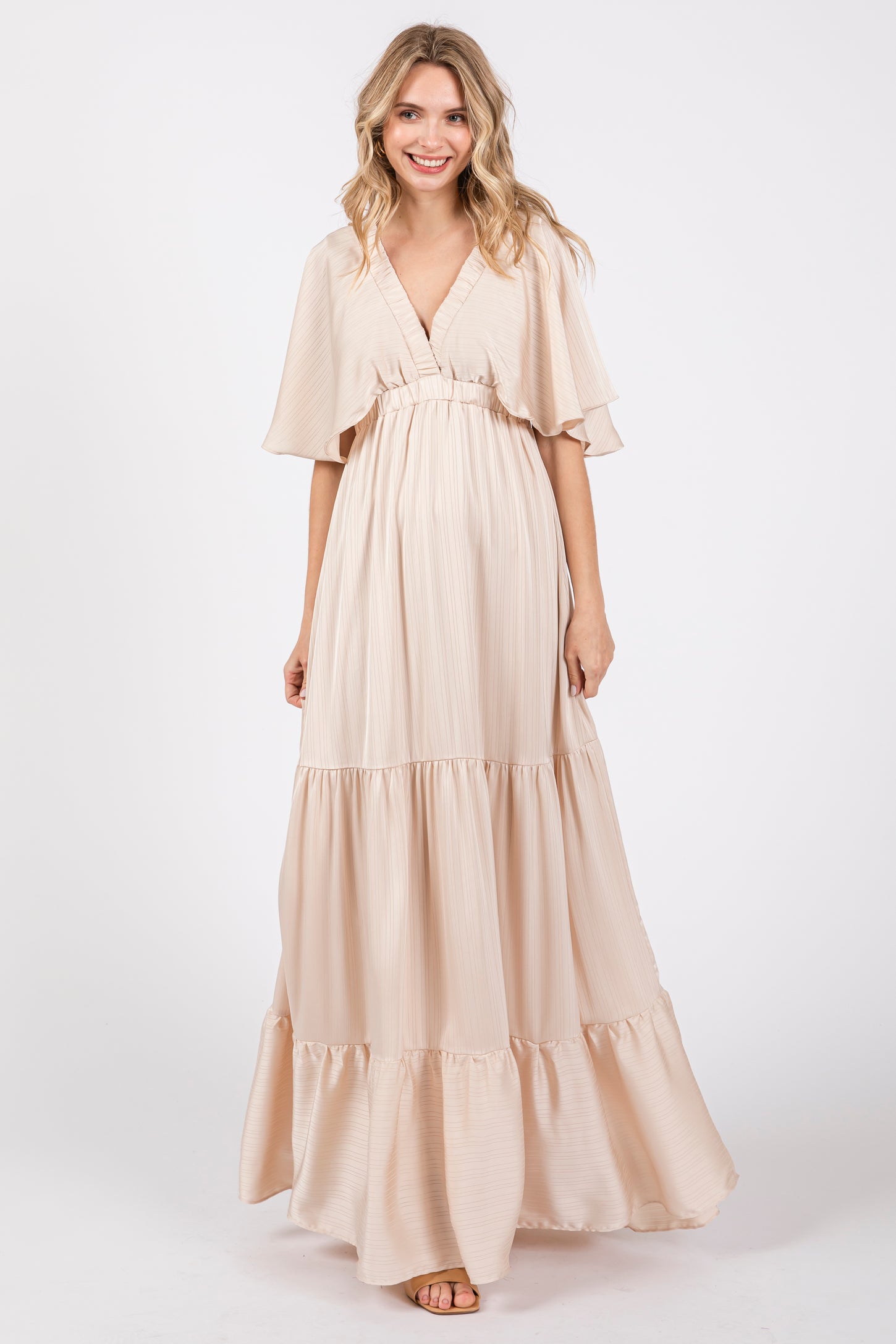 Beige V-Neck Flutter Sleeve Tiered Maternity Maxi Dress