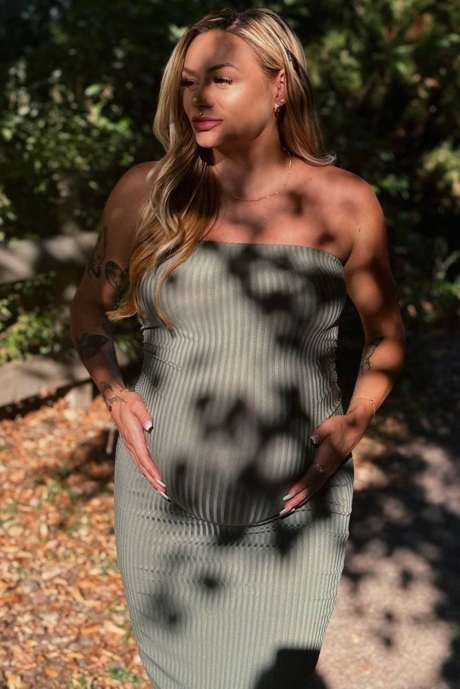 Olive Ribbed Sleeveless Dress Cardigan Maternity Set