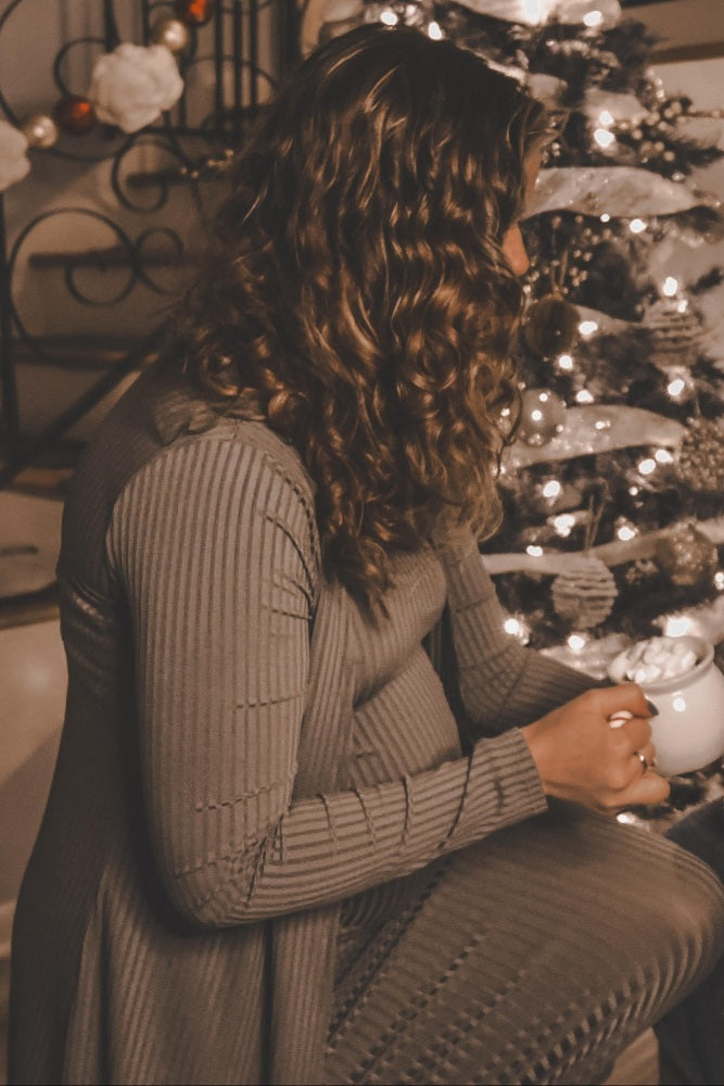 Olive Ribbed Sleeveless Dress Cardigan Maternity Set