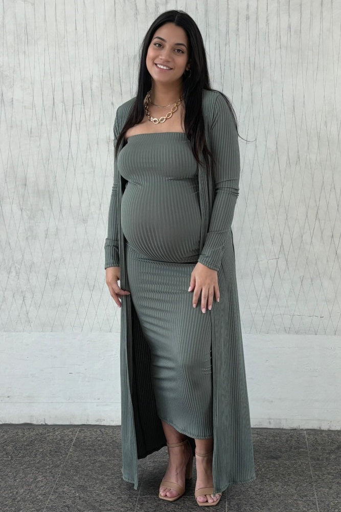 Olive Ribbed Sleeveless Dress Cardigan Maternity Set