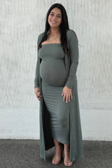Olive Ribbed Sleeveless Dress Cardigan Maternity Set