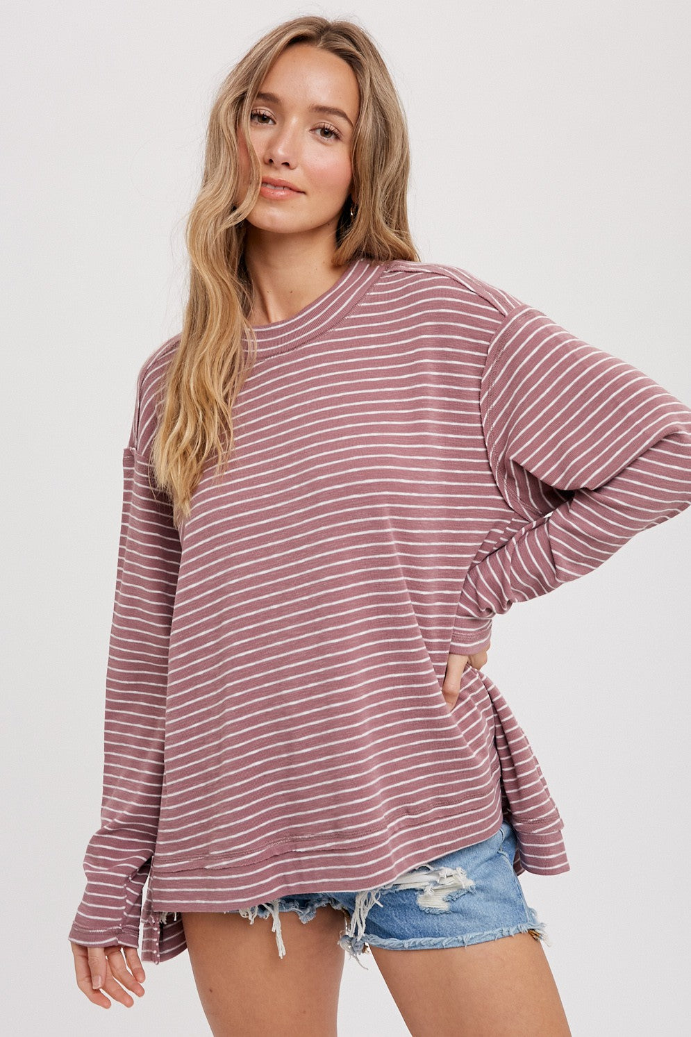 Mauve Crewneck  Slouchy Stripe Maternity Top