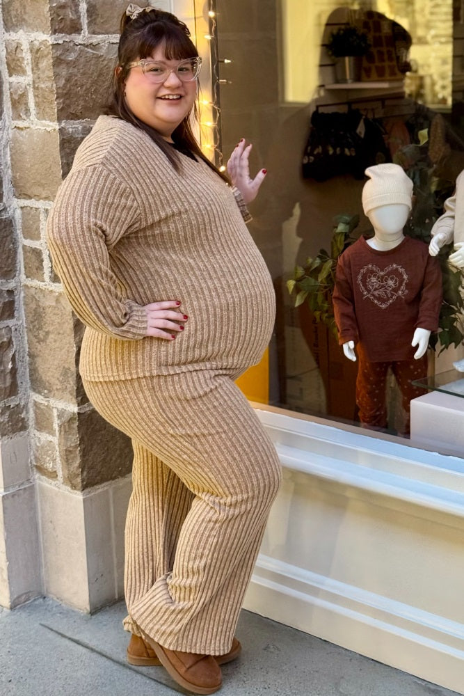Mocha Ribbed Soft Knit Long Sleeve Maternity Pajama Set