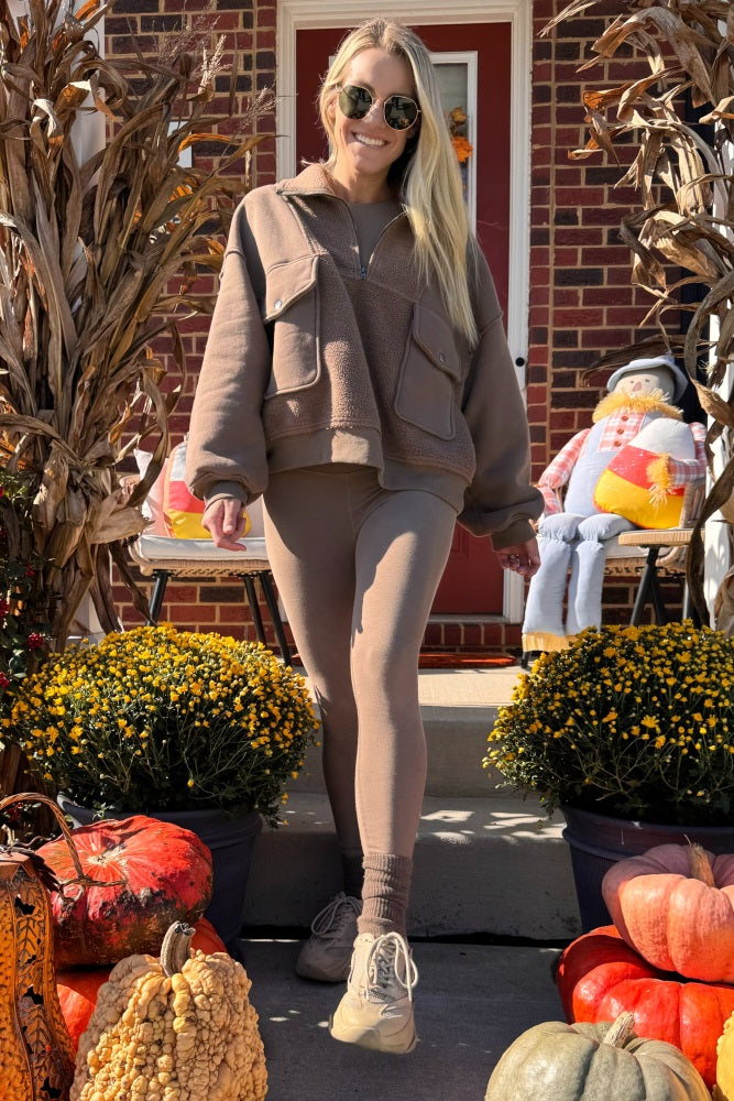 Mushroom Contrast Reversed Fleece 1/4 Zip Pullover