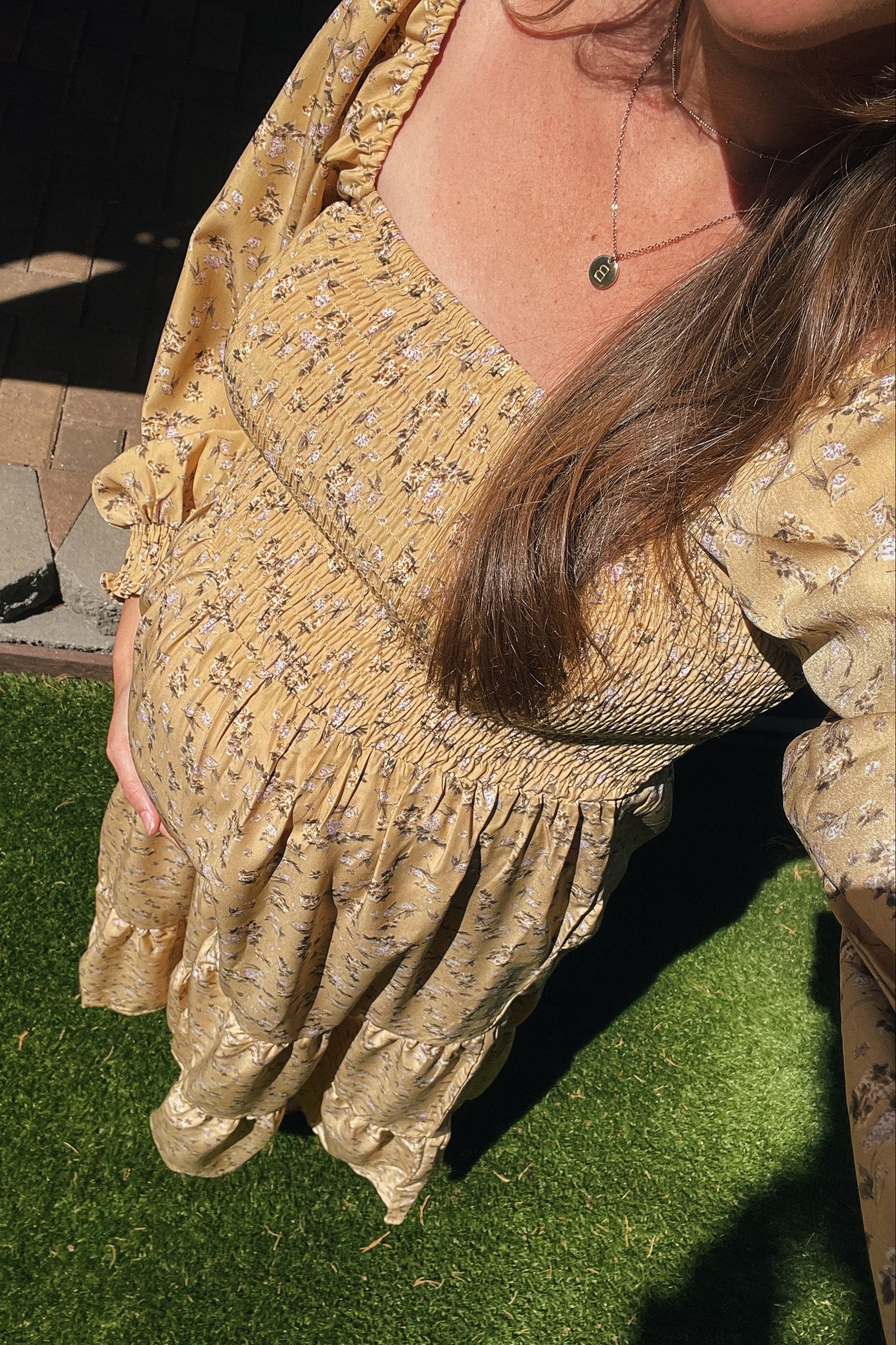 Yellow Floral Smocked Long Sleeve Maternity Maxi Dress